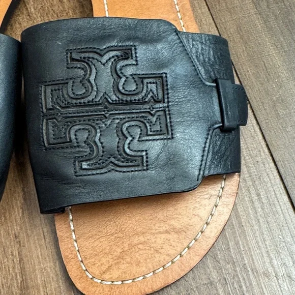 Tory Burch Black Leather Slide Sandals with Tan Footbed - Picture 12 of 13